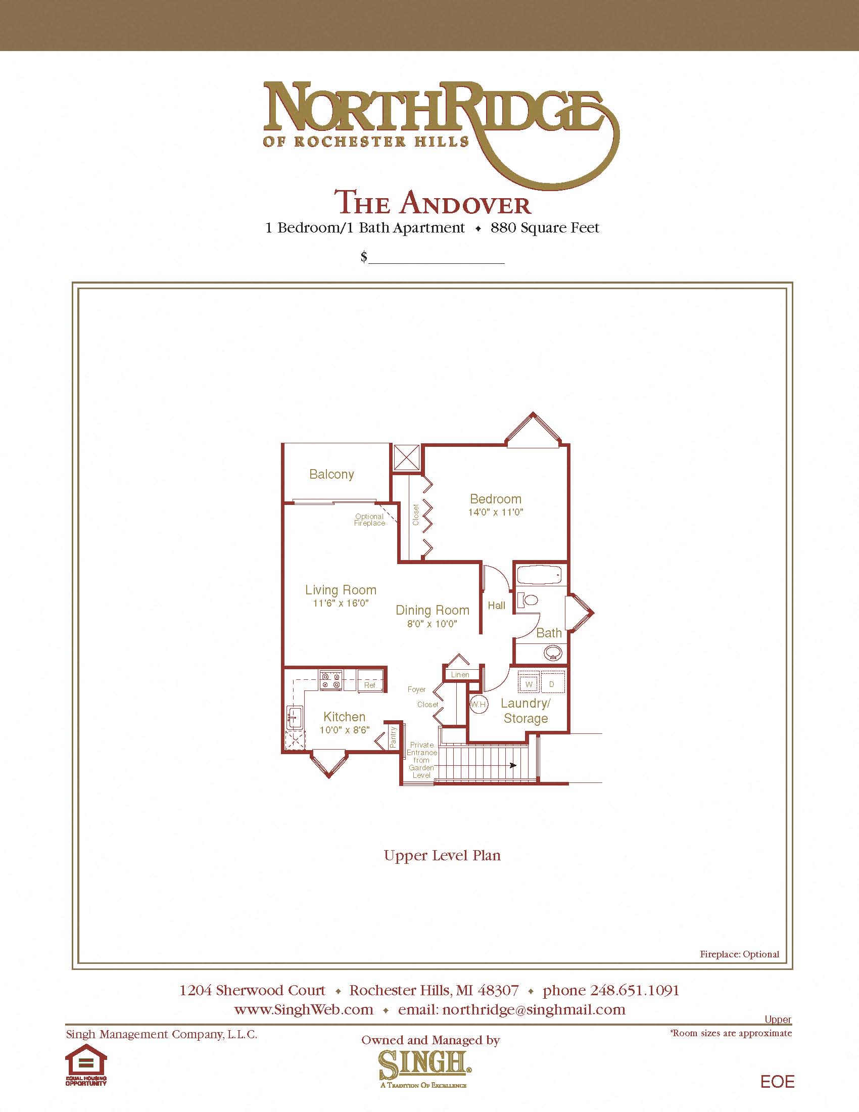 Floor plan for 1 bed, 1 bath, 880 sqft